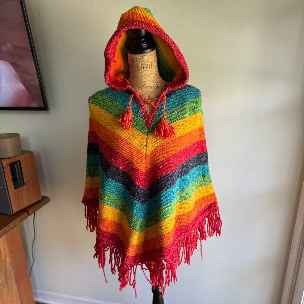 Ishka – Rainbow Stripe Hooded Poncho – Size S NWOT​